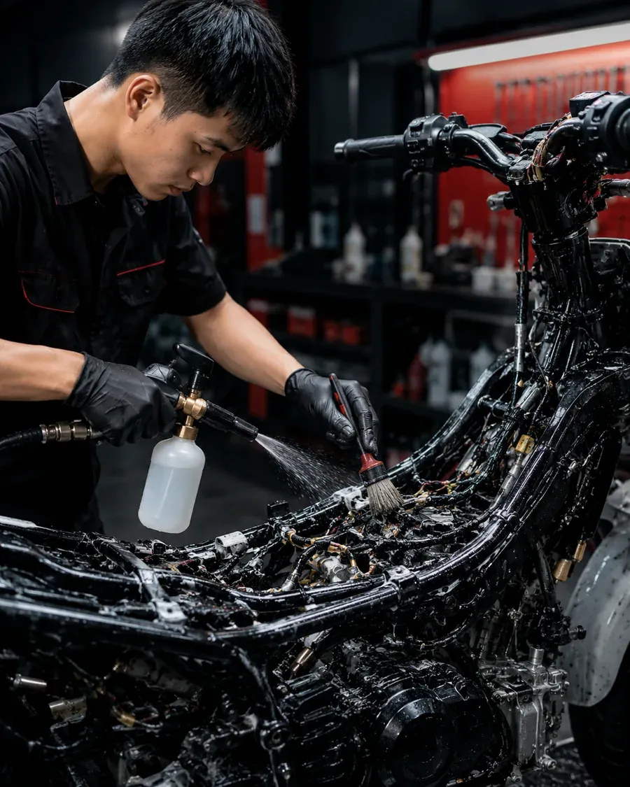 Vệ Sinh Xe Máy Chuyên Sâu - Sạch Sâu 360° 4 Vệ sinh khung sườn và khu vực dây dẫn